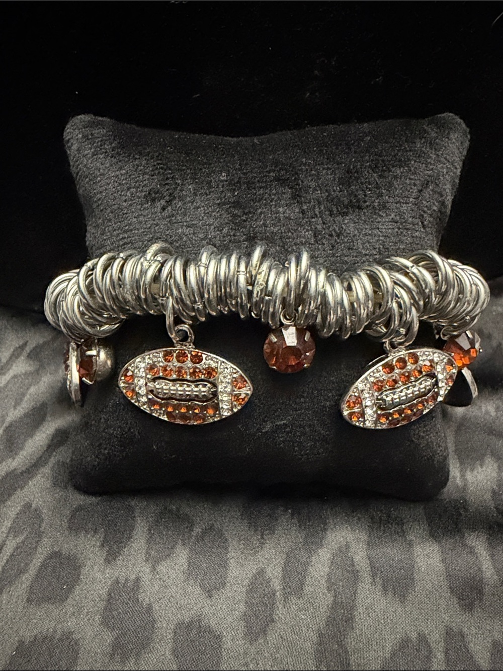 Silver-Tone Football Charm Bracelet with Orange Crystal Accents